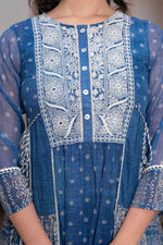 Thumbnail for Juniper Blue Floral Embroidered Cotton Dress with Tassels & Denim Look - Distacart
