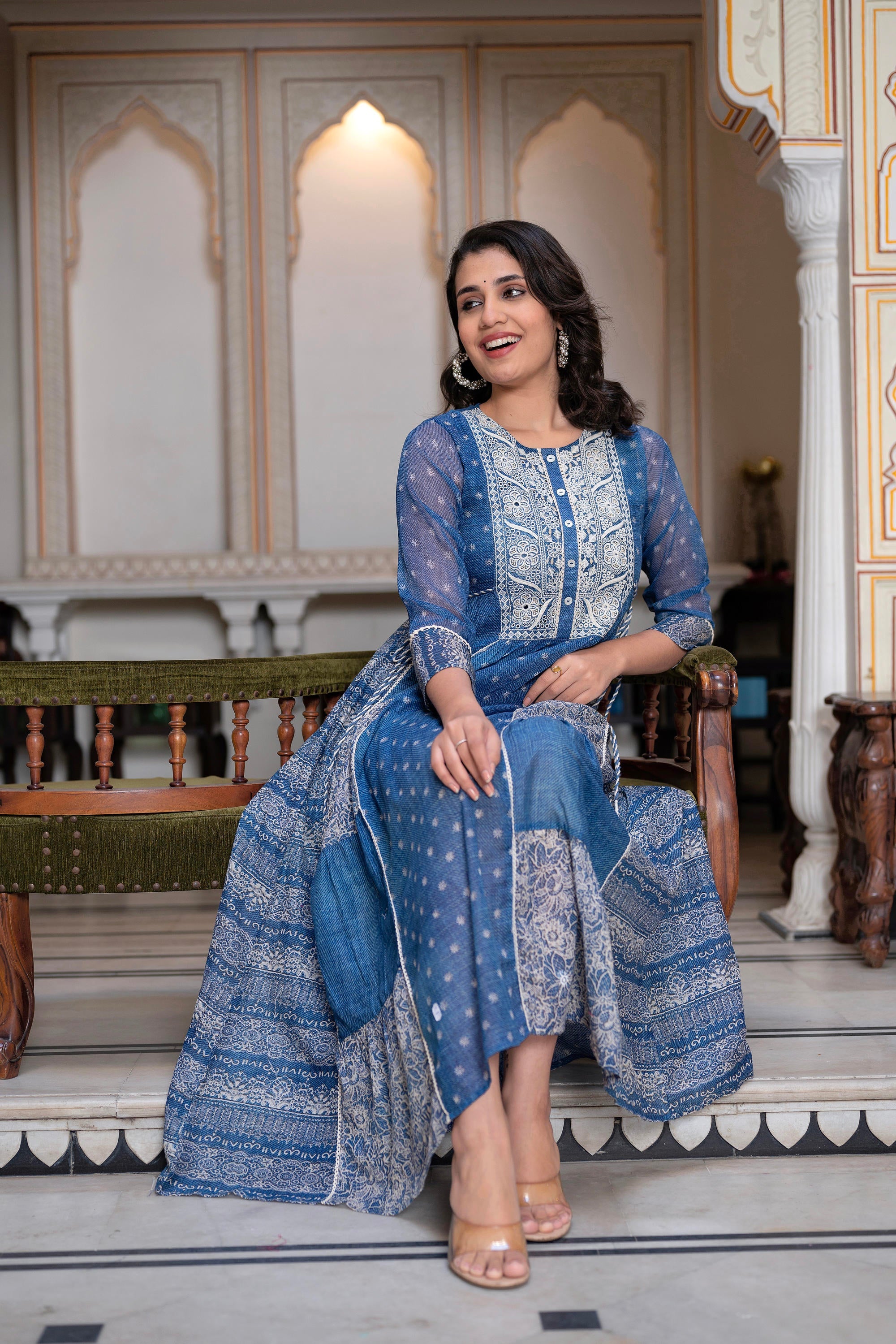 Juniper Blue Floral Embroidered Cotton Dress with Tassels & Denim Look - Distacart