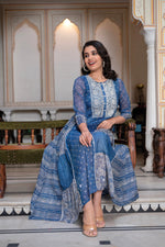 Thumbnail for Juniper Blue Floral Embroidered Cotton Dress with Tassels & Denim Look - Distacart