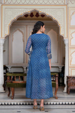 Thumbnail for Juniper Blue Floral Embroidered Cotton Dress with Tassels & Denim Look - Distacart