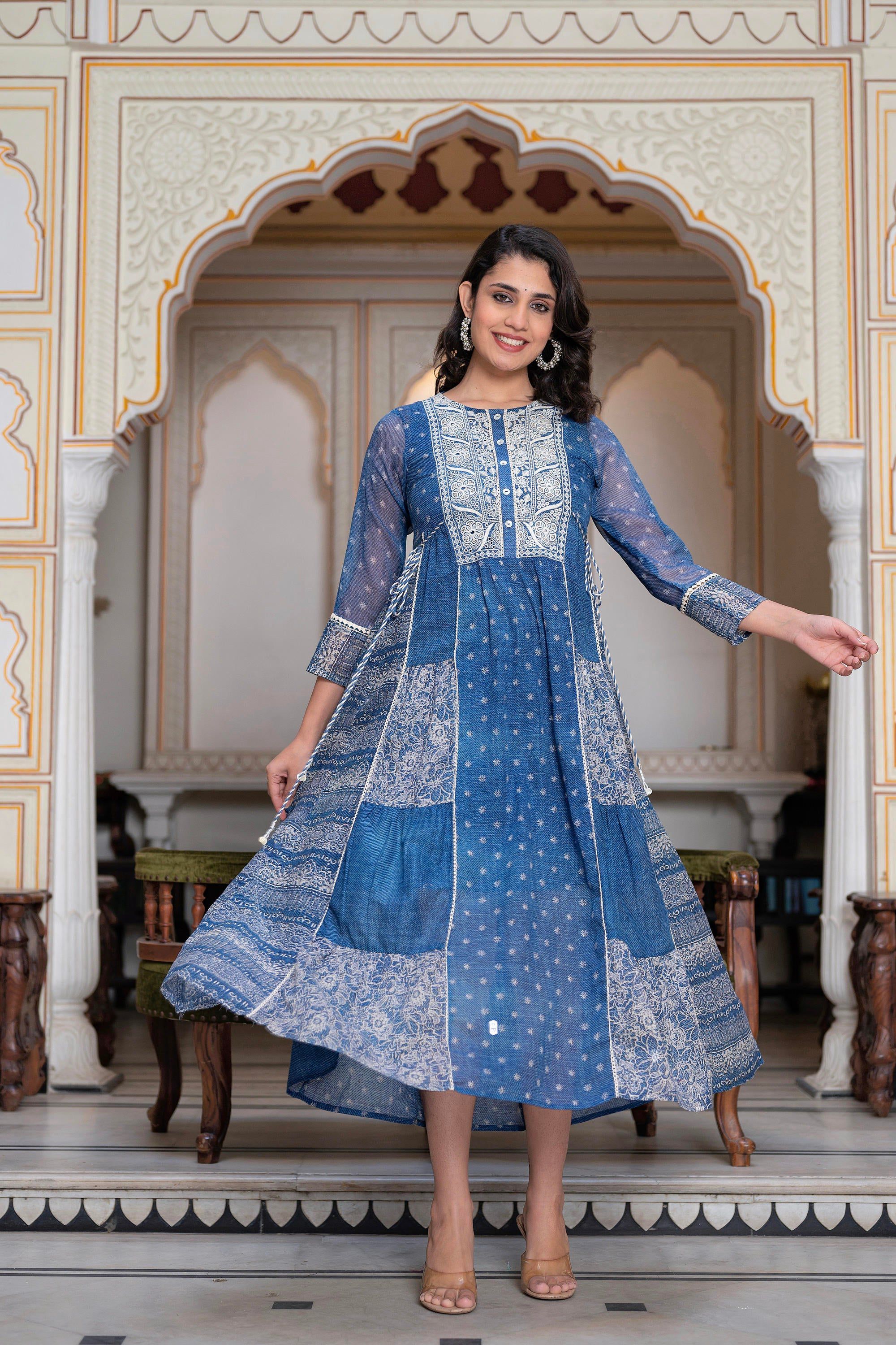 Juniper Blue Floral Embroidered Cotton Dress with Tassels & Denim Look - Distacart