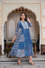 Thumbnail for Juniper Blue Floral Embroidered Cotton Dress with Tassels & Denim Look - Distacart