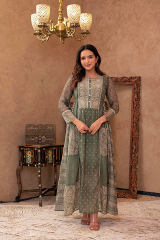 Juniper Green Floral Embroidered Cotton Dress with Tassels & Denim Look - Distacart