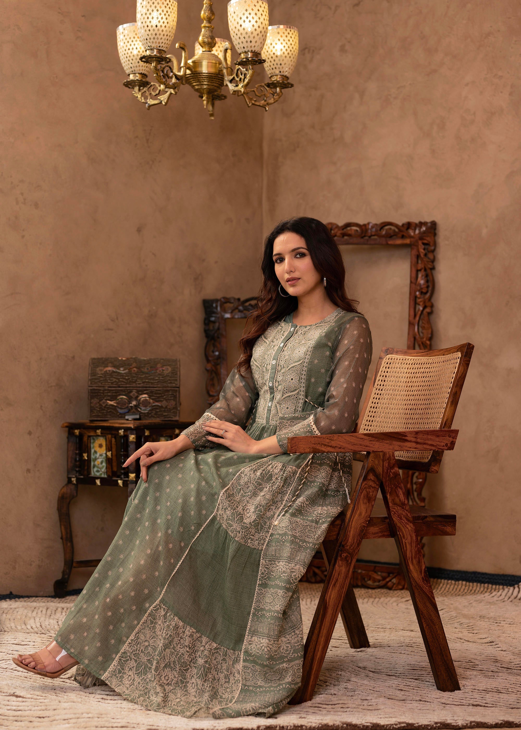 Juniper Green Floral Embroidered Cotton Dress With Tassels & Denim Look - Distacart