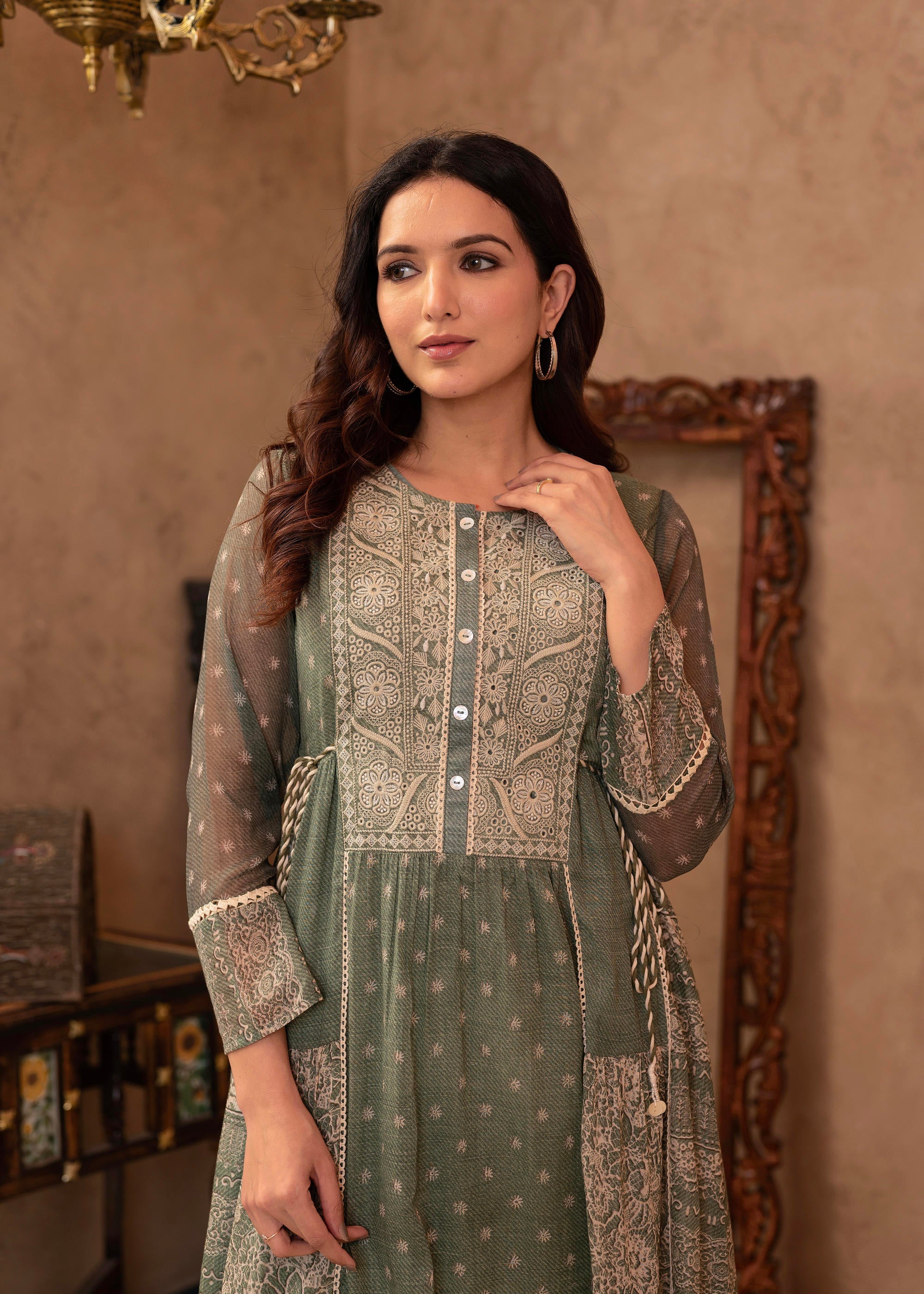 Juniper Green Floral Embroidered Cotton Dress With Tassels & Denim Look - Distacart