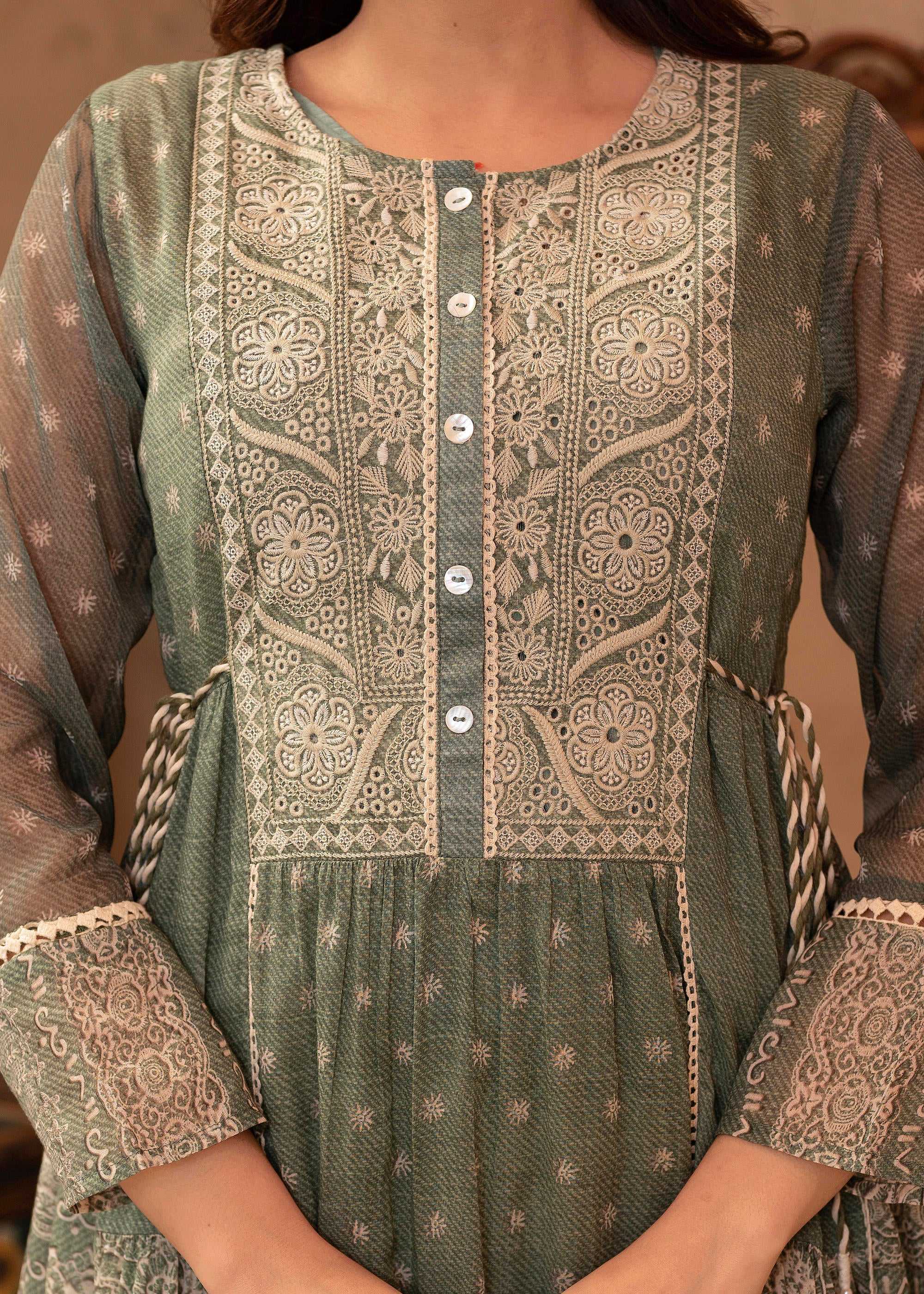Juniper Green Floral Embroidered Cotton Dress with Tassels & Denim Look - Distacart