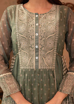 Thumbnail for Juniper Green Floral Embroidered Cotton Dress with Tassels & Denim Look - Distacart