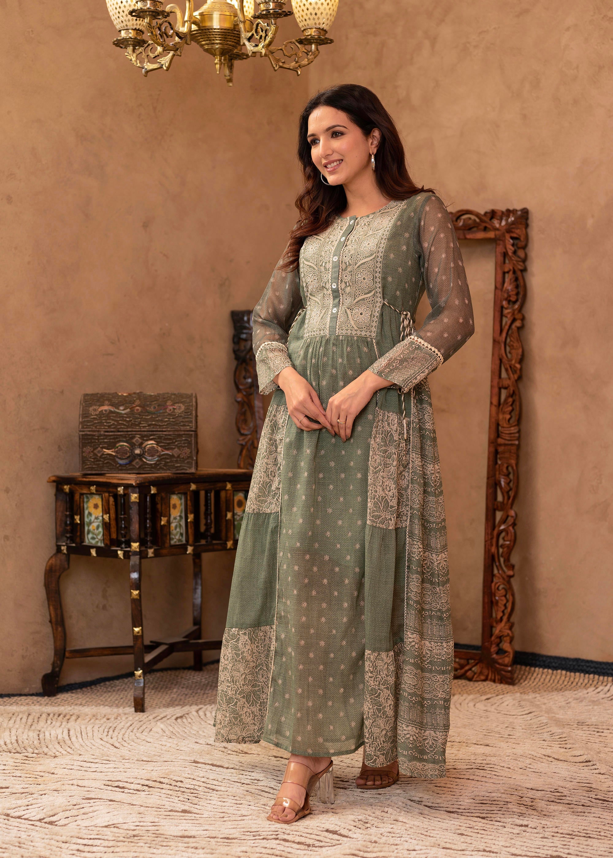 Juniper Green Floral Embroidered Cotton Dress with Tassels & Denim Look - Distacart