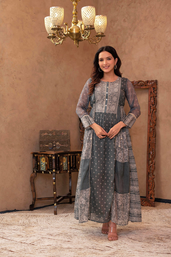 Juniper Grey Floral Embroidered Cotton Dress with Tassels & Denim Look - Distacart