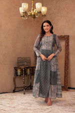 Thumbnail for Juniper Grey Floral Embroidered Cotton Dress With Tassels & Denim Look - Distacart
