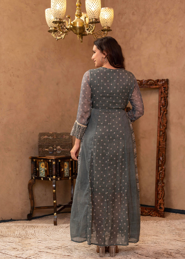 Juniper Grey Floral Embroidered Cotton Dress with Tassels & Denim Look - Distacart