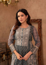 Thumbnail for Juniper Grey Floral Embroidered Cotton Dress With Tassels & Denim Look - Distacart
