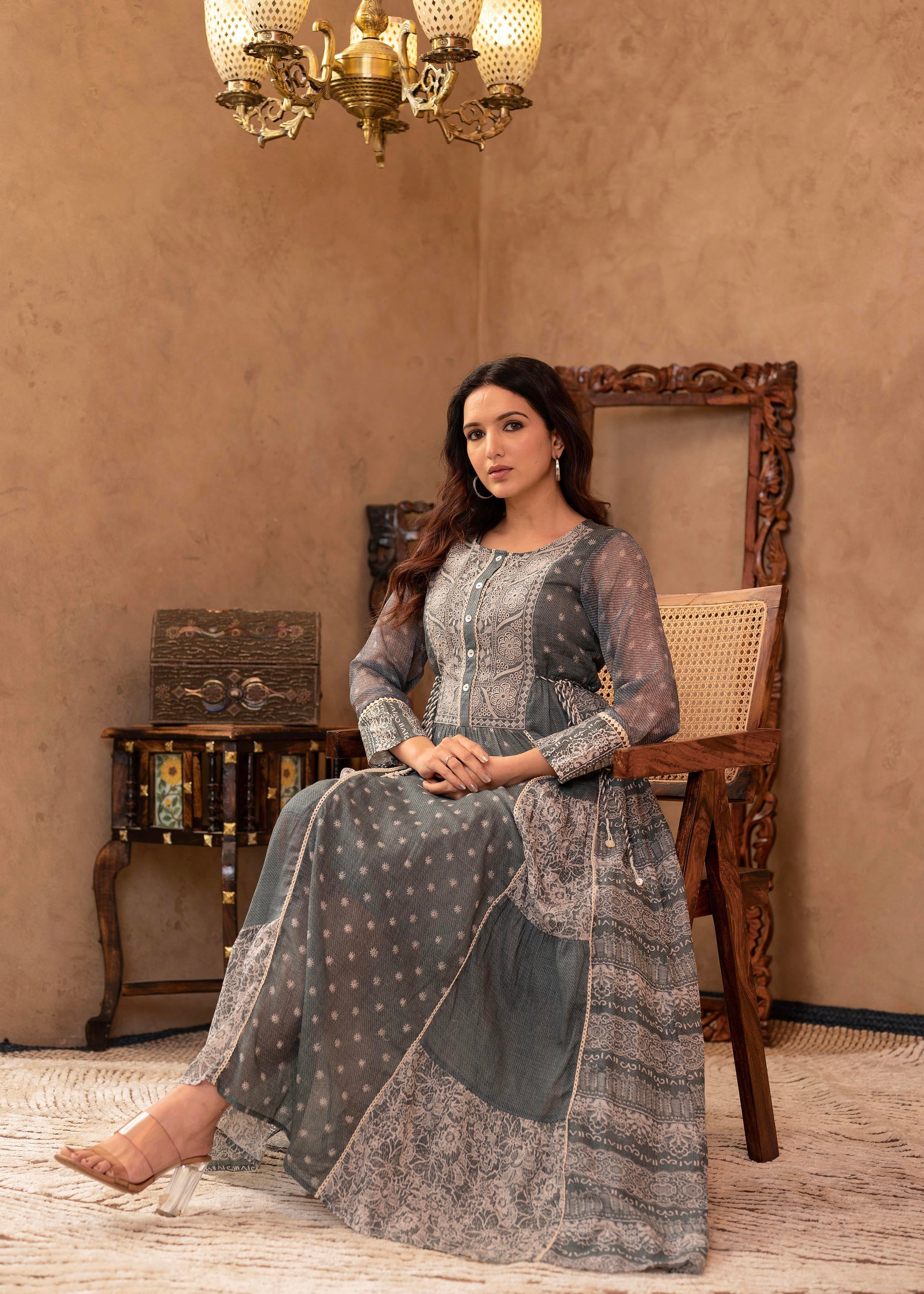Juniper Grey Floral Embroidered Cotton Dress With Tassels & Denim Look - Distacart