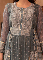 Thumbnail for Juniper Grey Floral Embroidered Cotton Dress with Tassels & Denim Look - Distacart