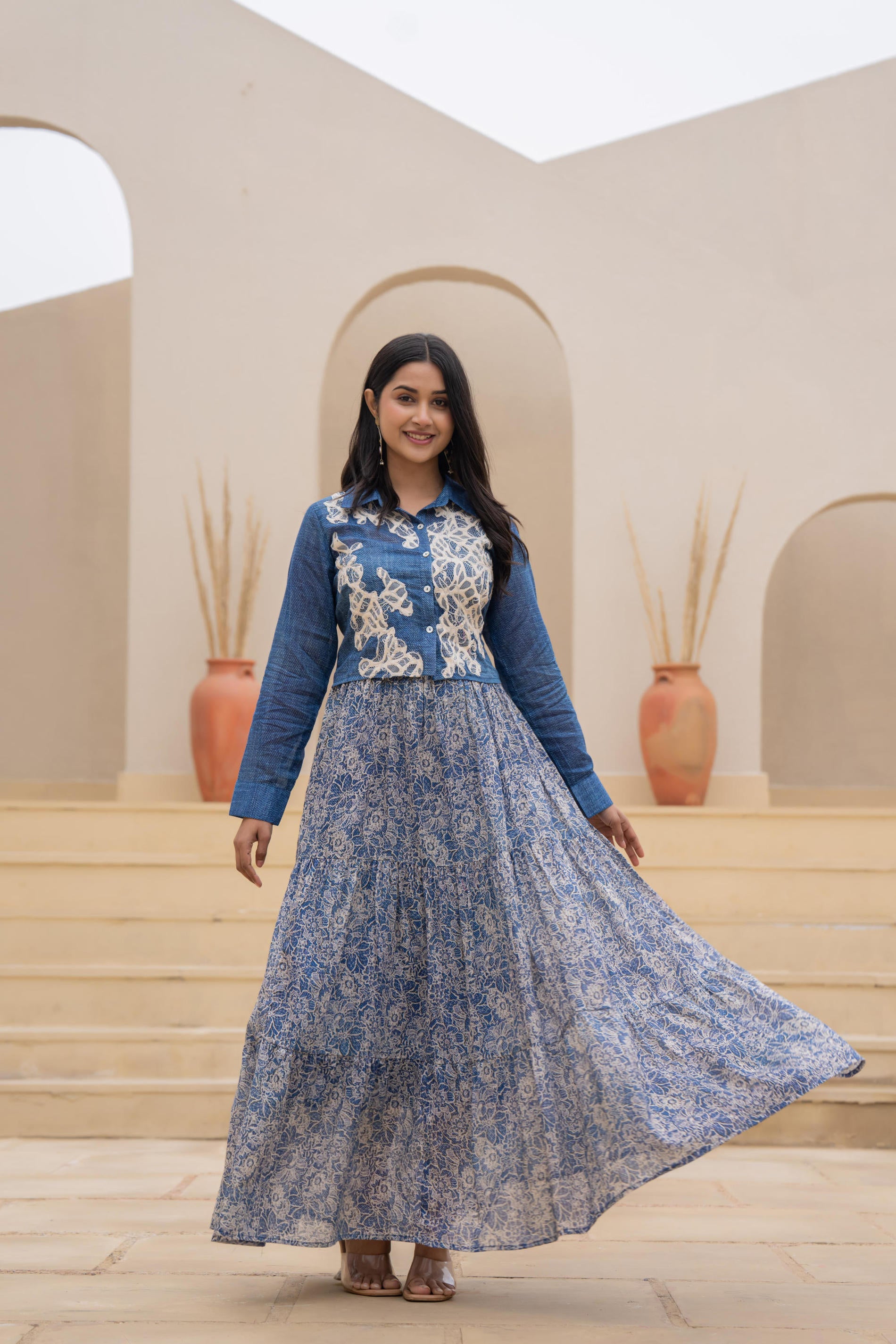 Juniper Indigo Blue Shirt-Style Dress With Off White Embroidery & Tiered Floral Maxi Skirt - Distacart