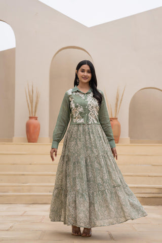 Juniper Green Shirt-Style Dress with Off White Embroidery & Tiered Floral Maxi Skirt