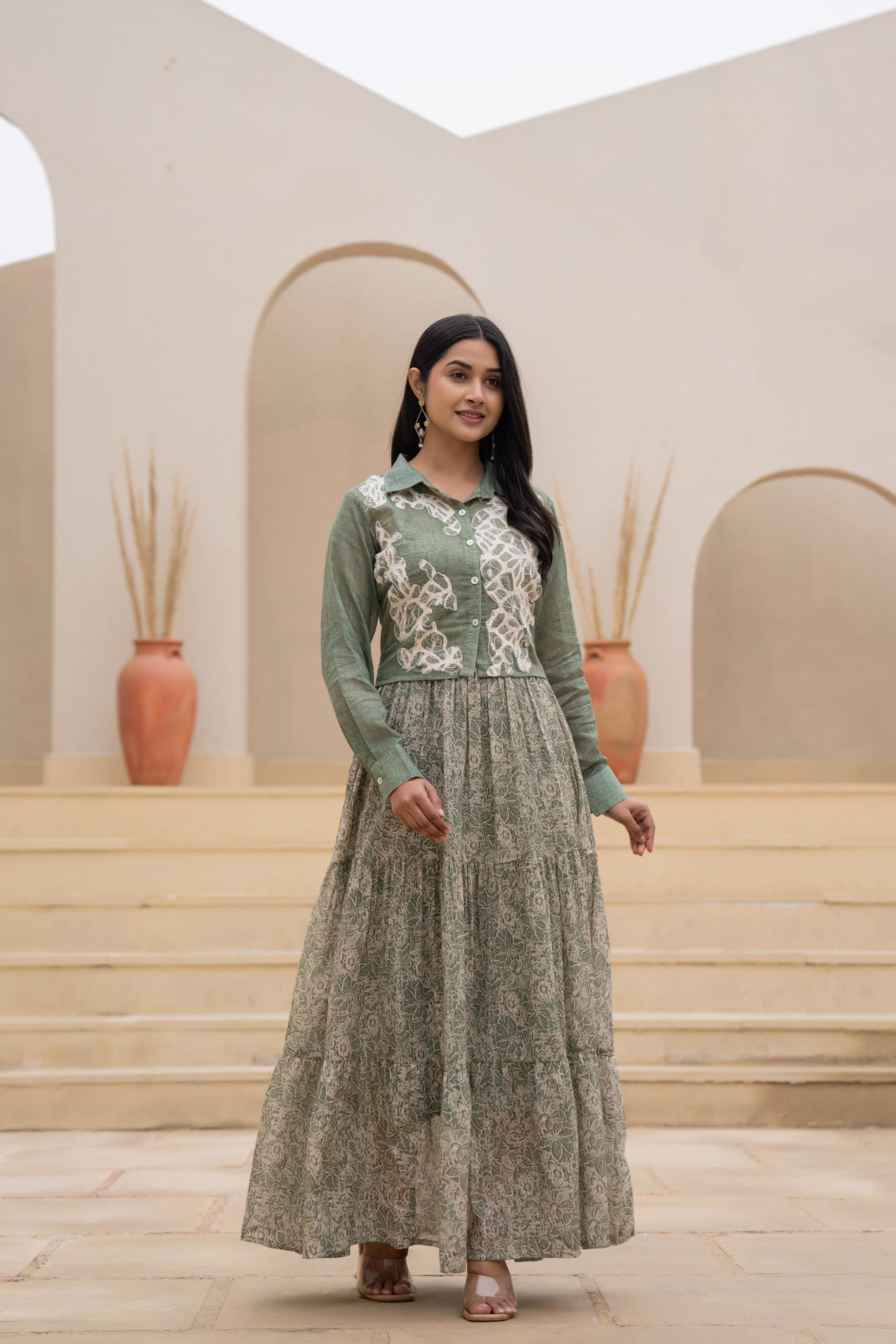 Juniper Green Shirt-Style Dress with Off White Embroidery & Tiered Floral Maxi Skirt