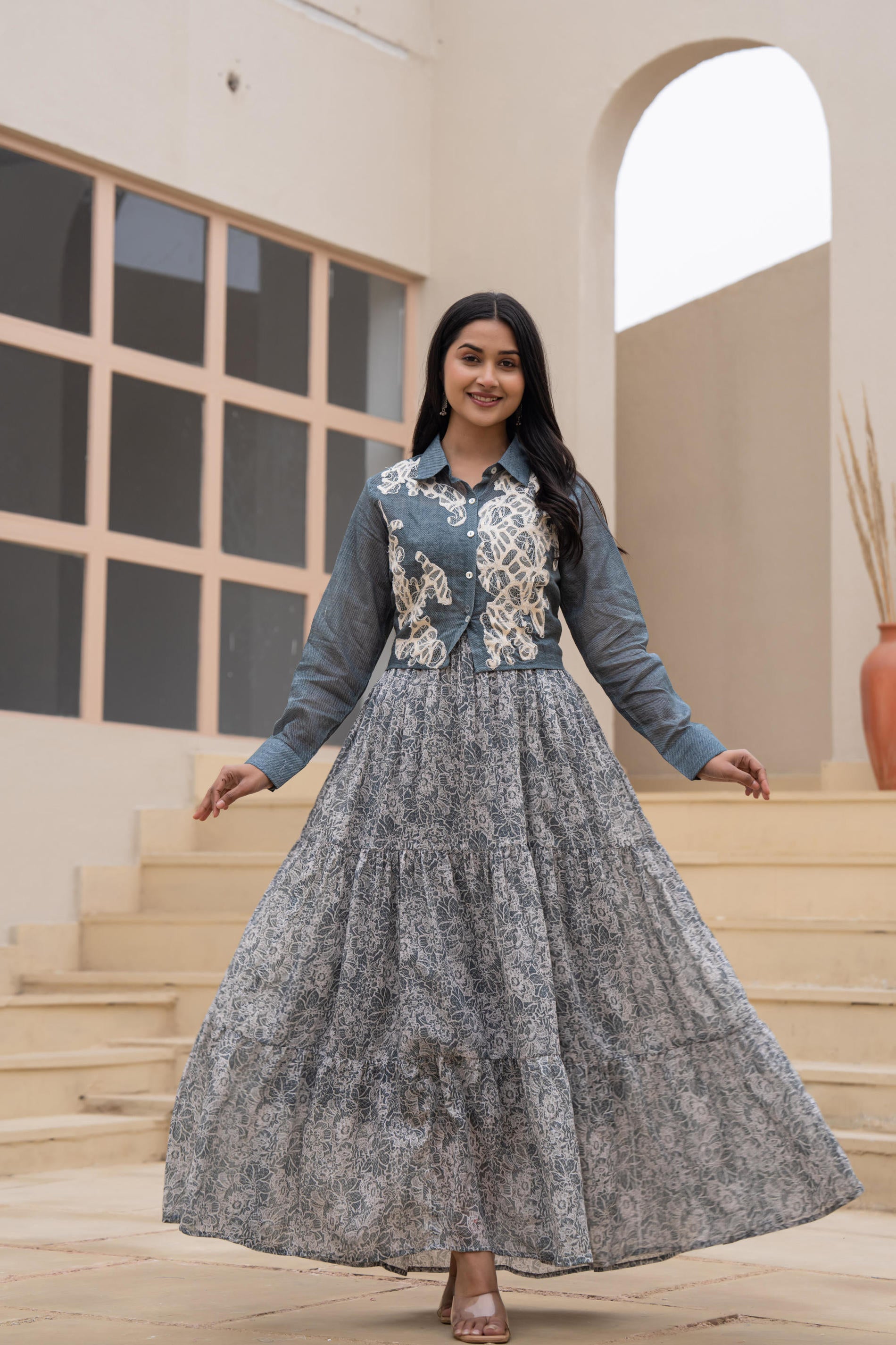 Juniper Grey Shirt-Style Dress with Off White Embroidery & Tiered Floral Maxi Skirt