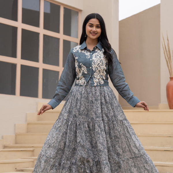 Juniper Grey Shirt-Style Dress With Off White Embroidery & Tiered Floral Maxi Skirt