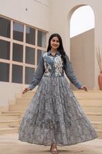 Thumbnail for Juniper Grey Shirt-Style Dress With Off White Embroidery & Tiered Floral Maxi Skirt