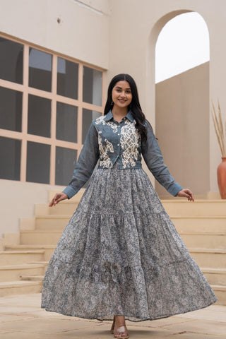 Juniper Grey Shirt-Style Dress With Off White Embroidery & Tiered Floral Maxi Skirt