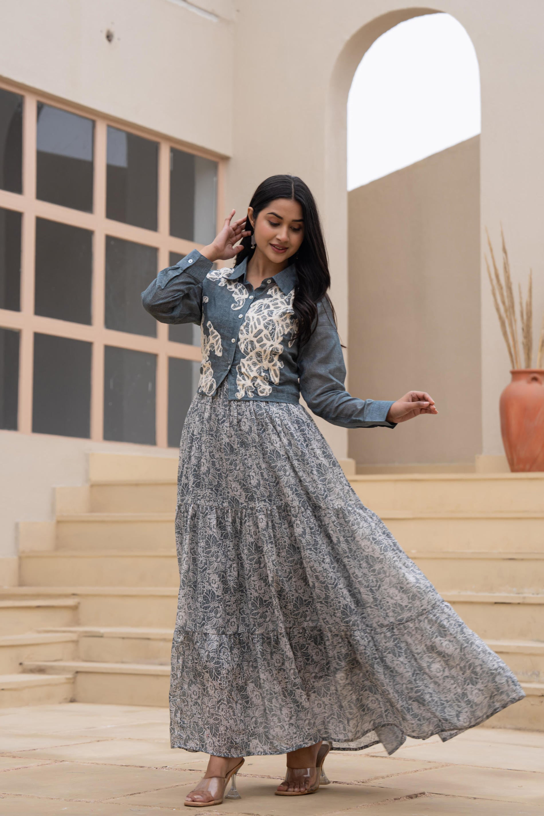 Juniper Grey Shirt-Style Dress with Off White Embroidery & Tiered Floral Maxi Skirt