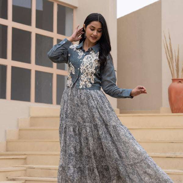 Juniper Grey Shirt-Style Dress with Off White Embroidery & Tiered Floral Maxi Skirt
