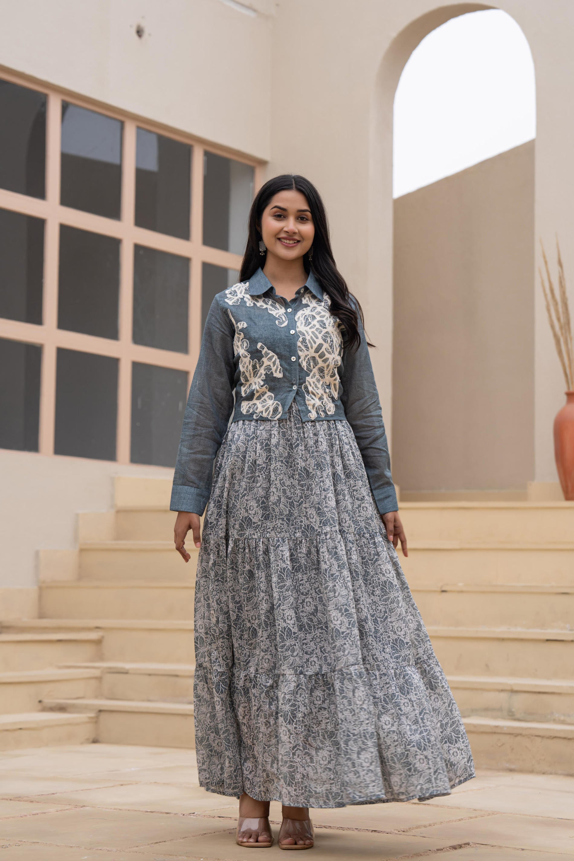 shirt and skirt dress Buy Juniper Grey Shirt-Style Dress with Off White Embroidery & Tiered Floral Maxi Skirt Online at Low Price
