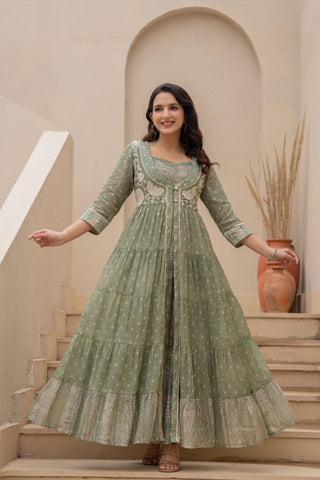Juniper Sage Green Embroidered Flared Maxi Dress with Inner Slip and Button-Down Detailing