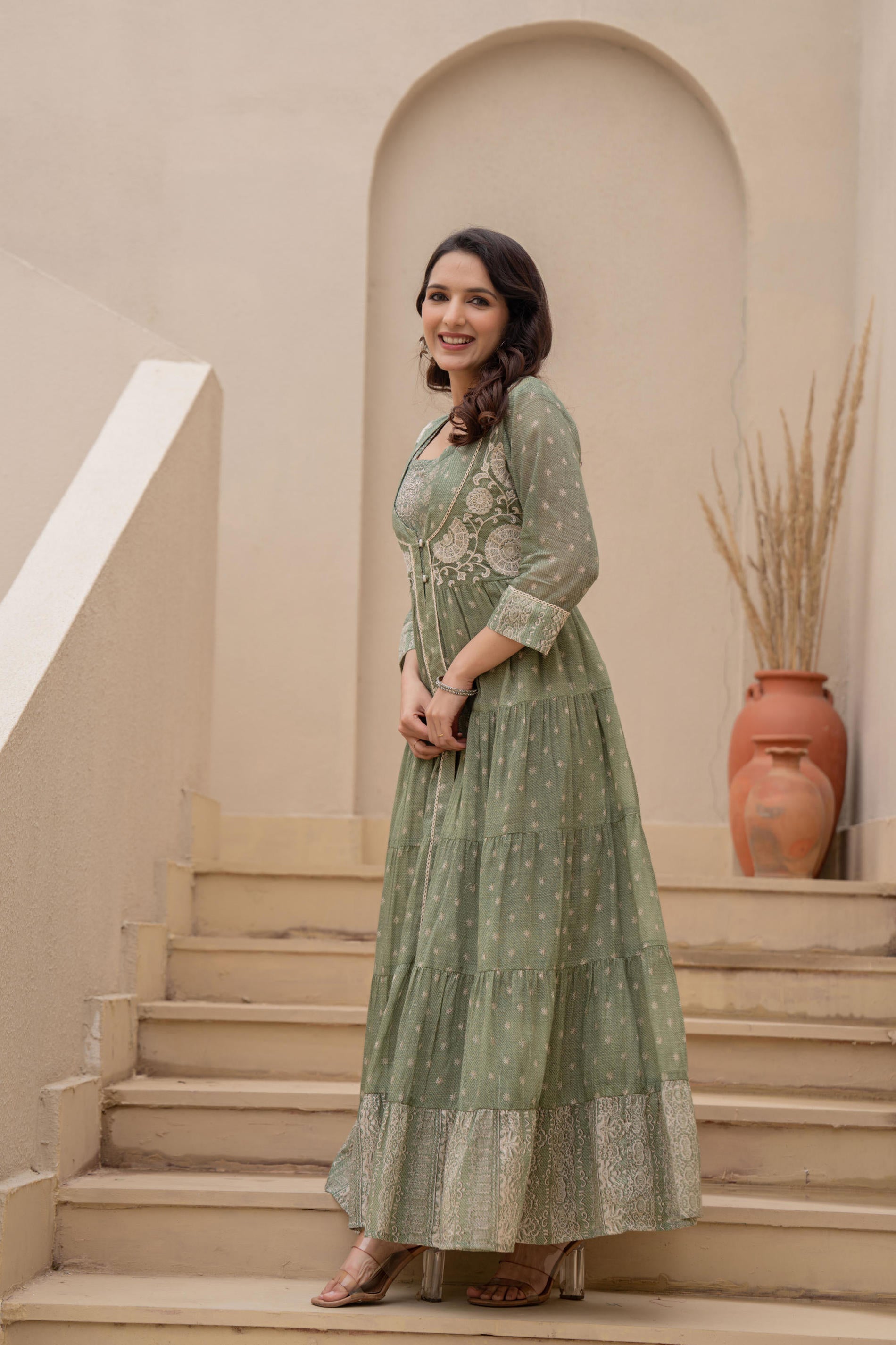 Juniper Sage Green Embroidered Flared Maxi Dress with Inner Slip and Button-Down Detailing