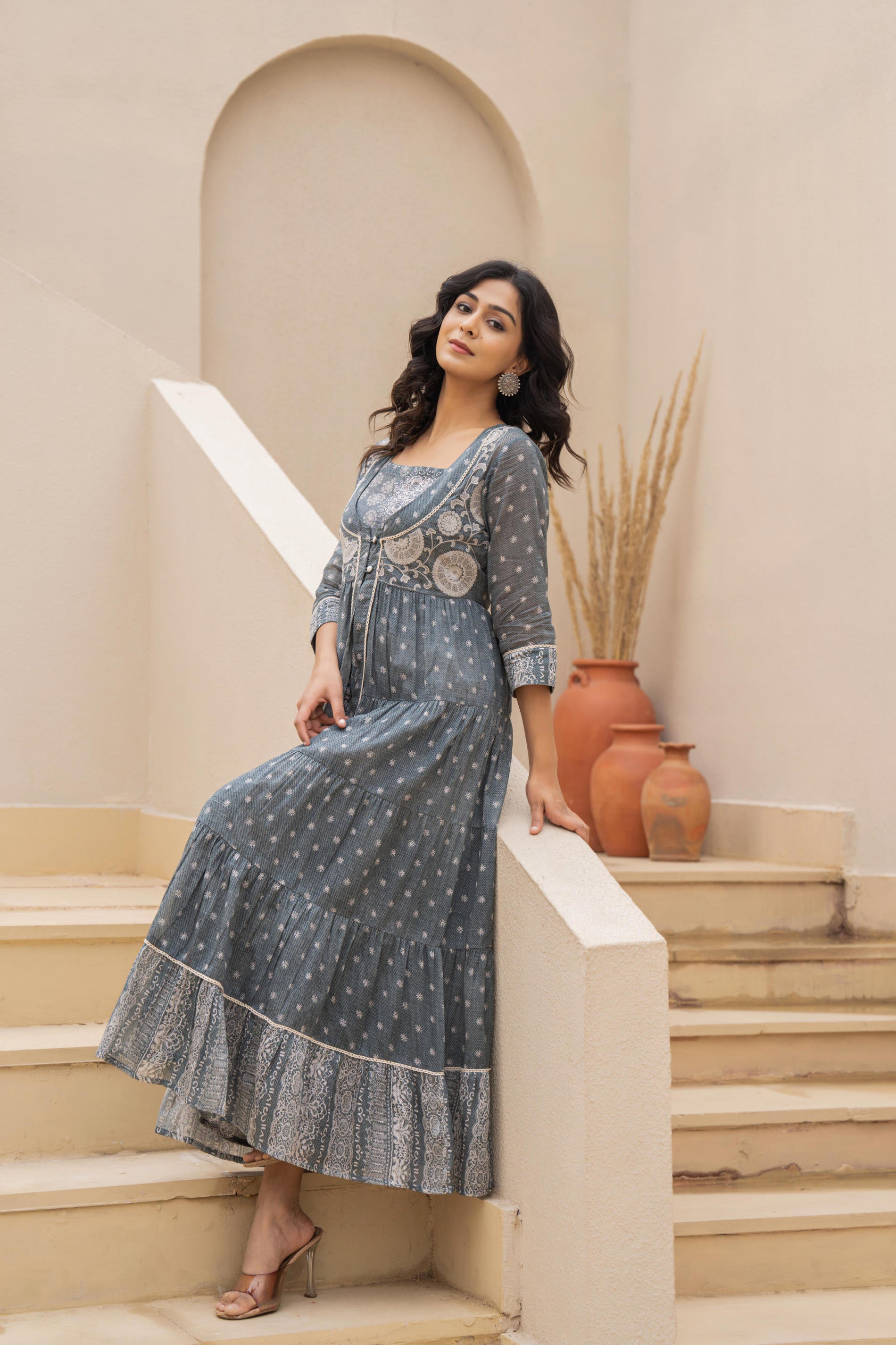 Juniper Grey Embroidered Flared Maxi Dress with Inner Slip and Button-Down Detailing