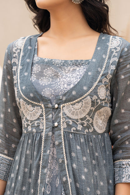 Juniper Grey Embroidered Flared Maxi Dress with Inner Slip and Button-Down Detailing - Distacart