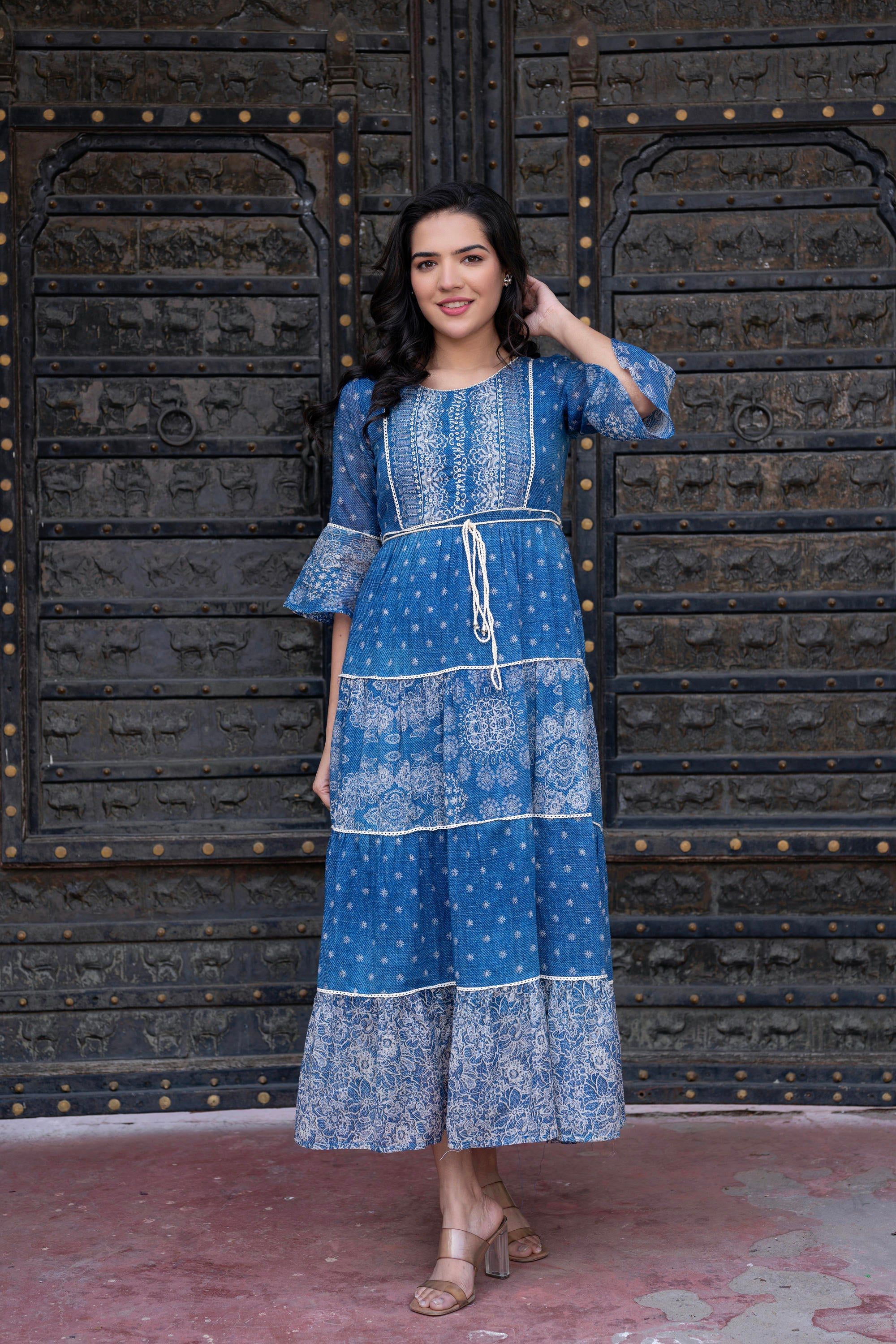 Juniper Blue Floral Printed Cotton Dress with Dori, Cotton Lace & Bead Work - Distacart