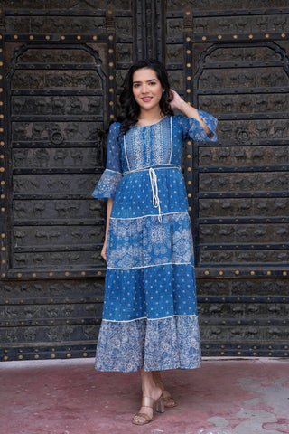 Juniper Blue Floral Printed Cotton Dress with Dori, Cotton Lace & Bead Work - Distacart