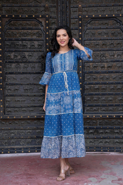 Juniper Blue Floral Printed Cotton Dress with Dori, Cotton Lace & Bead Work - Distacart