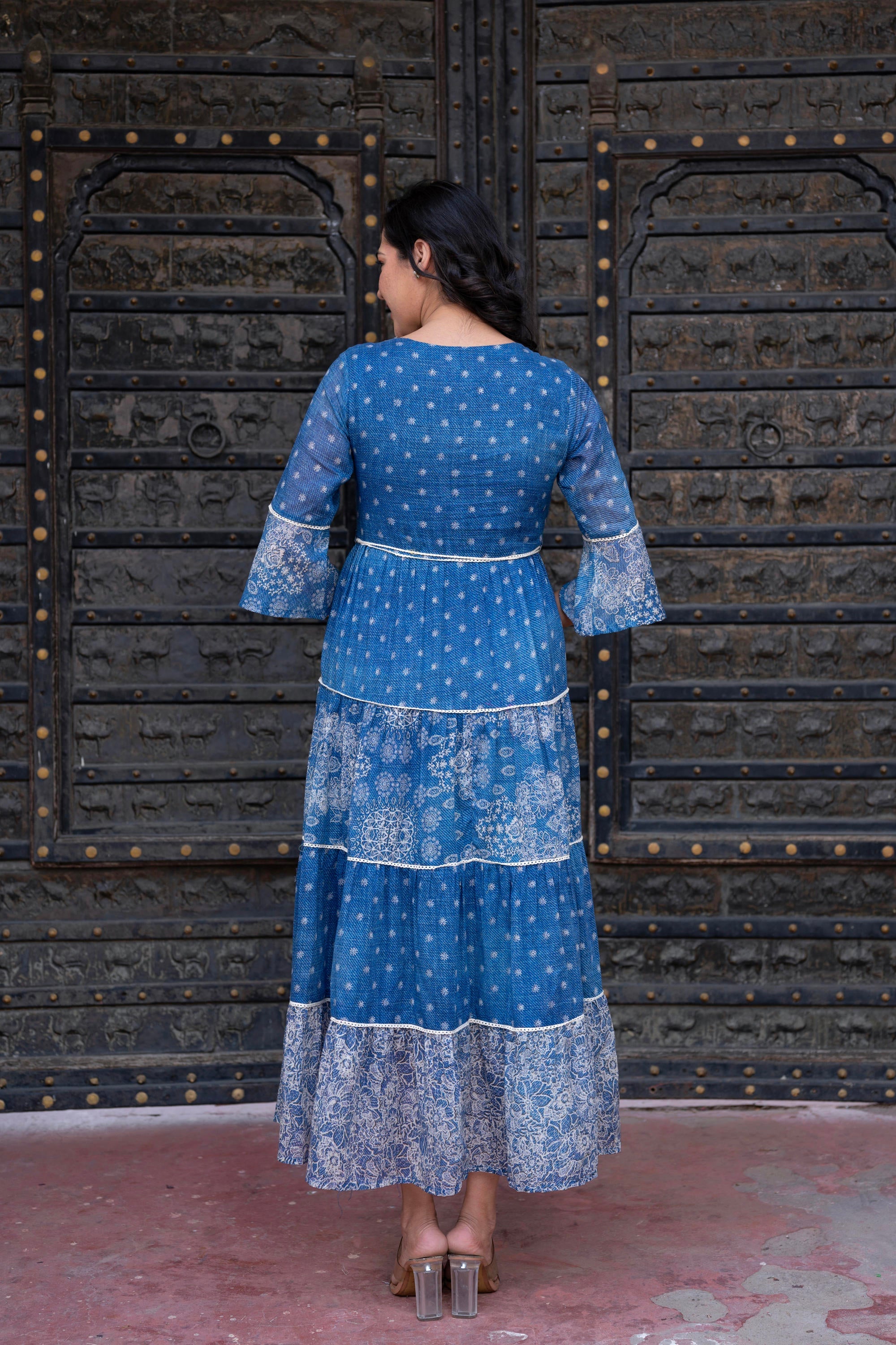 Juniper Blue Floral Printed Cotton Dress with Dori, Cotton Lace & Bead Work - Distacart