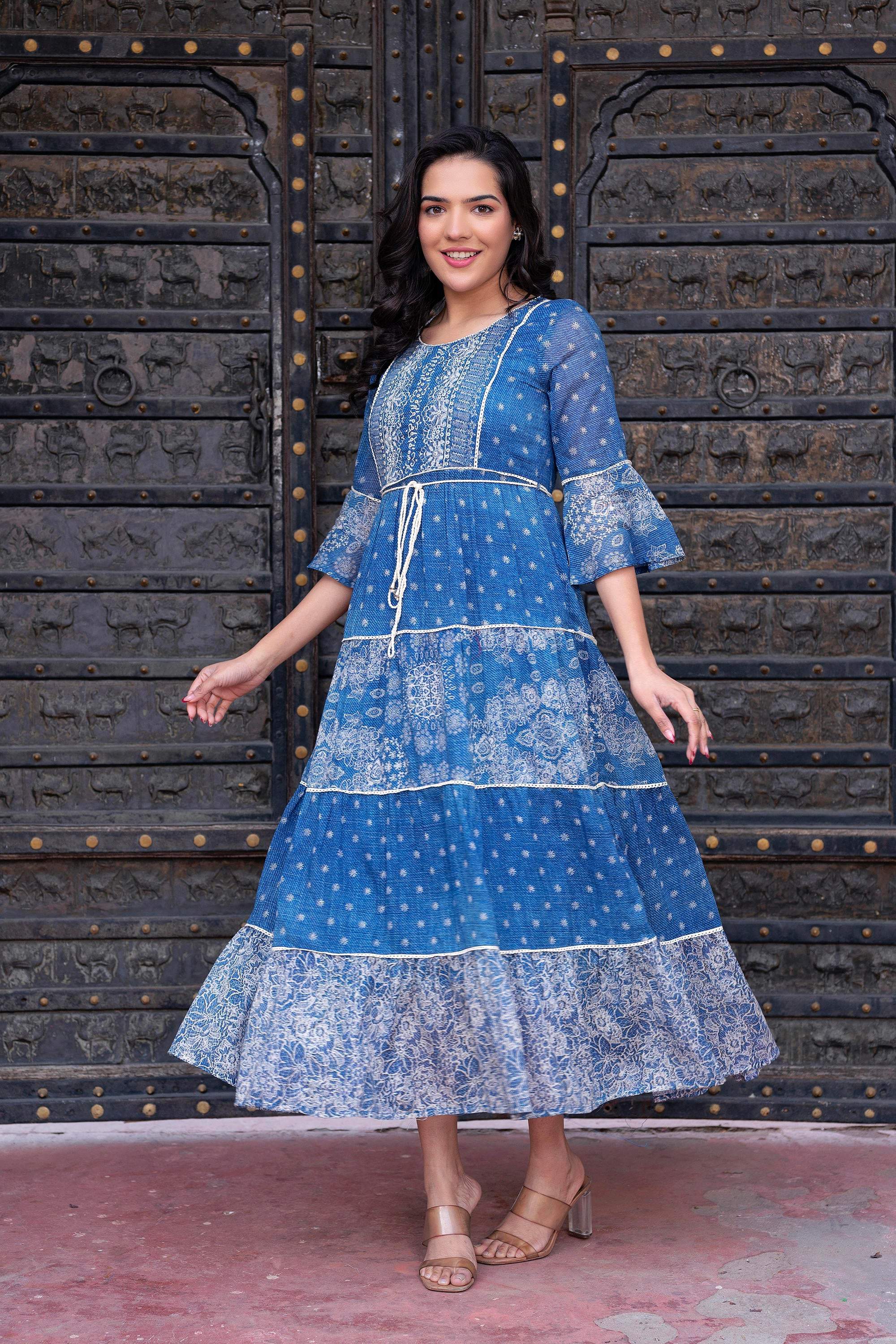 Juniper Blue Floral Printed Cotton Dress With Dori, Cotton Lace & Bead Work - Distacart