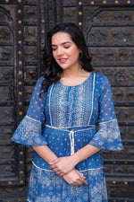 Thumbnail for Juniper Blue Floral Printed Cotton Dress with Dori, Cotton Lace & Bead Work - Distacart