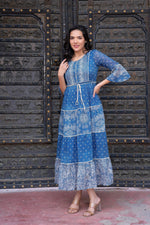 Thumbnail for Juniper Blue Floral Printed Cotton Dress with Dori, Cotton Lace & Bead Work - Distacart
