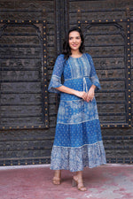Thumbnail for Juniper Blue Floral Printed Cotton Dress with Dori, Cotton Lace & Bead Work - Distacart