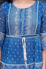 Thumbnail for Juniper Blue Floral Printed Cotton Dress with Dori, Cotton Lace & Bead Work - Distacart