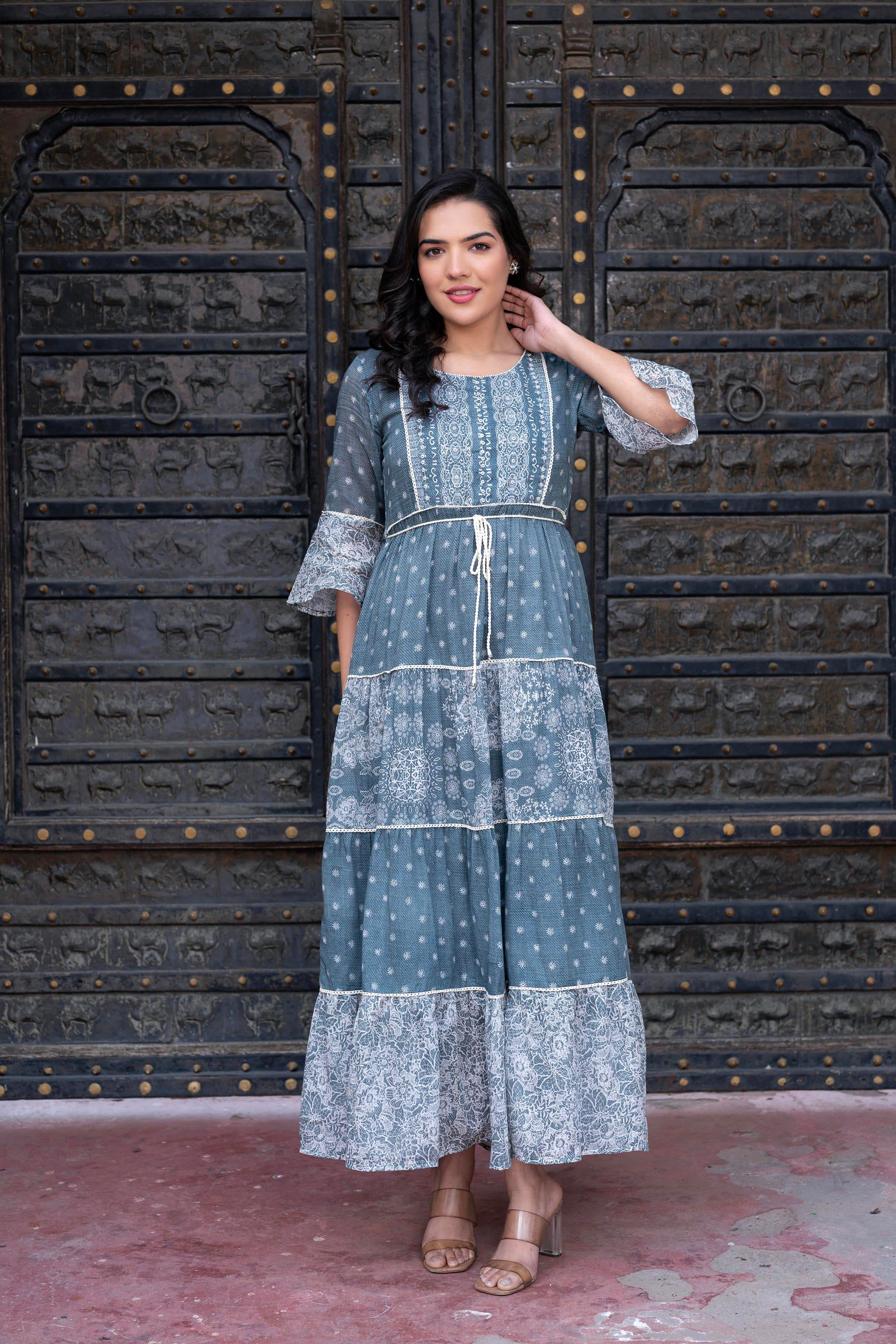 Juniper Grey Floral Printed Cotton Dress with Dori, Cotton Lace & Bead Work - Distacart