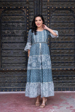 Thumbnail for Juniper Grey Floral Printed Cotton Dress with Dori, Cotton Lace & Bead Work - Distacart