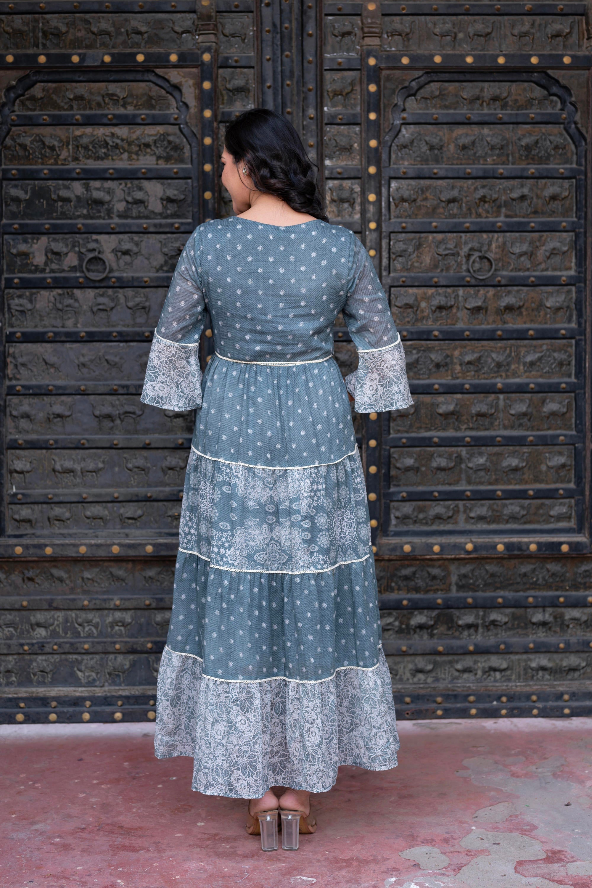 Juniper Grey Floral Printed Cotton Dress with Dori, Cotton Lace & Bead Work - Distacart