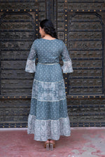 Thumbnail for Juniper Grey Floral Printed Cotton Dress With Dori, Cotton Lace & Bead Work - Distacart