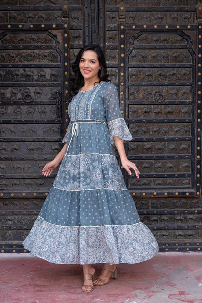 Juniper Grey Floral Printed Cotton Dress with Dori, Cotton Lace & Bead Work - Distacart