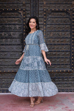 Thumbnail for Juniper Grey Floral Printed Cotton Dress with Dori, Cotton Lace & Bead Work - Distacart