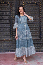 Thumbnail for Juniper Grey Floral Printed Cotton Dress with Dori, Cotton Lace & Bead Work - Distacart