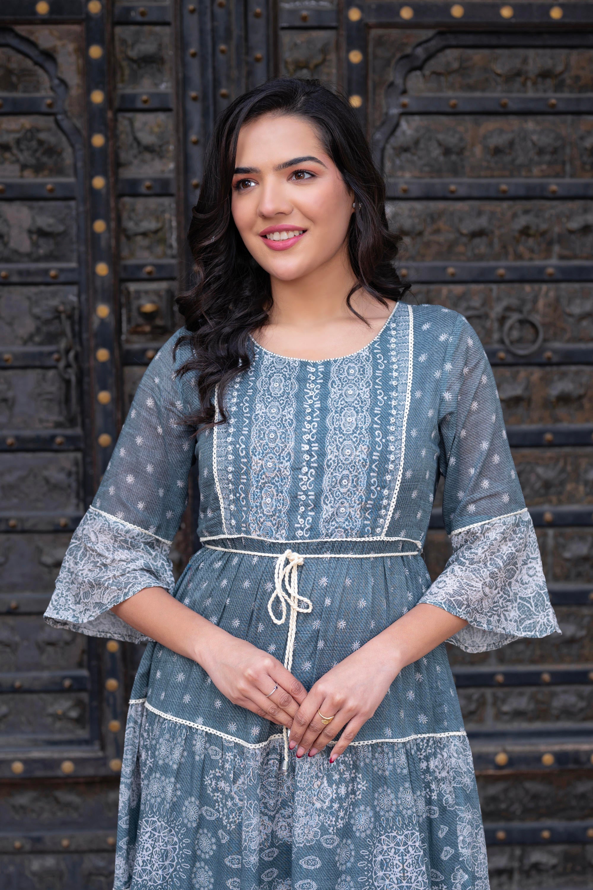 Juniper Grey Floral Printed Cotton Dress with Dori, Cotton Lace & Bead Work - Distacart