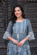 Thumbnail for Juniper Grey Floral Printed Cotton Dress with Dori, Cotton Lace & Bead Work - Distacart